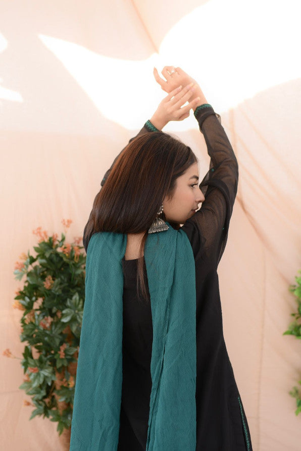 BLACK GREEN EMB DRESS