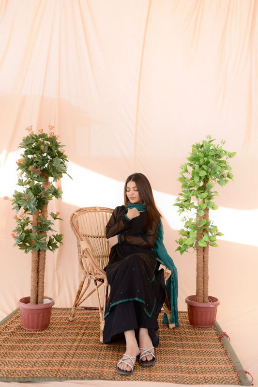 BLACK GREEN EMB DRESS